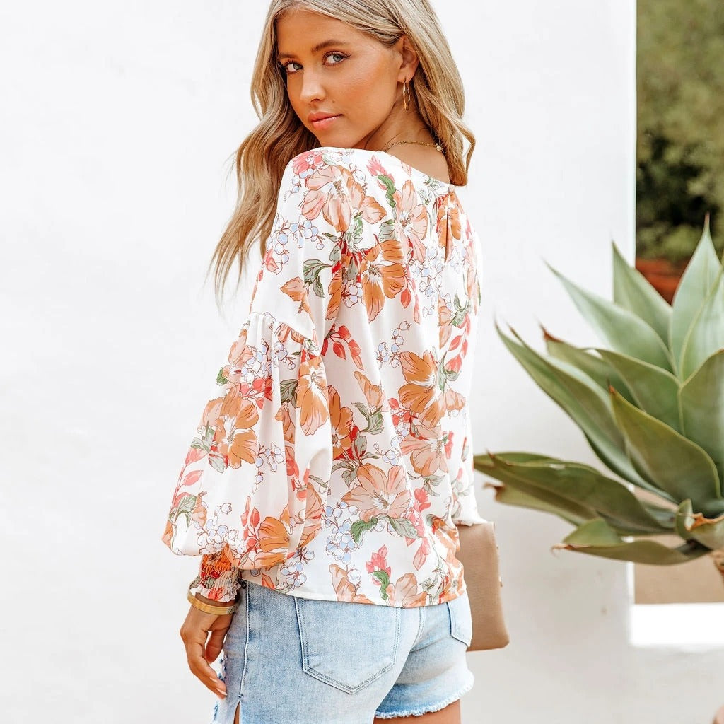 Dames Bloemen Top met Pofmouwen Stijlvol Modieus