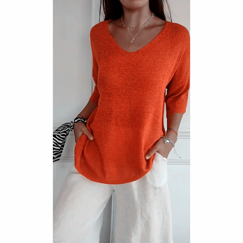 Dames Top Fijngebreide V-hals Driekwart Mouwen Casual Kleding