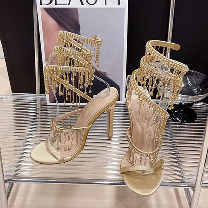 LuxeChic Glanzende Kristallen Kwastjes Sandalen