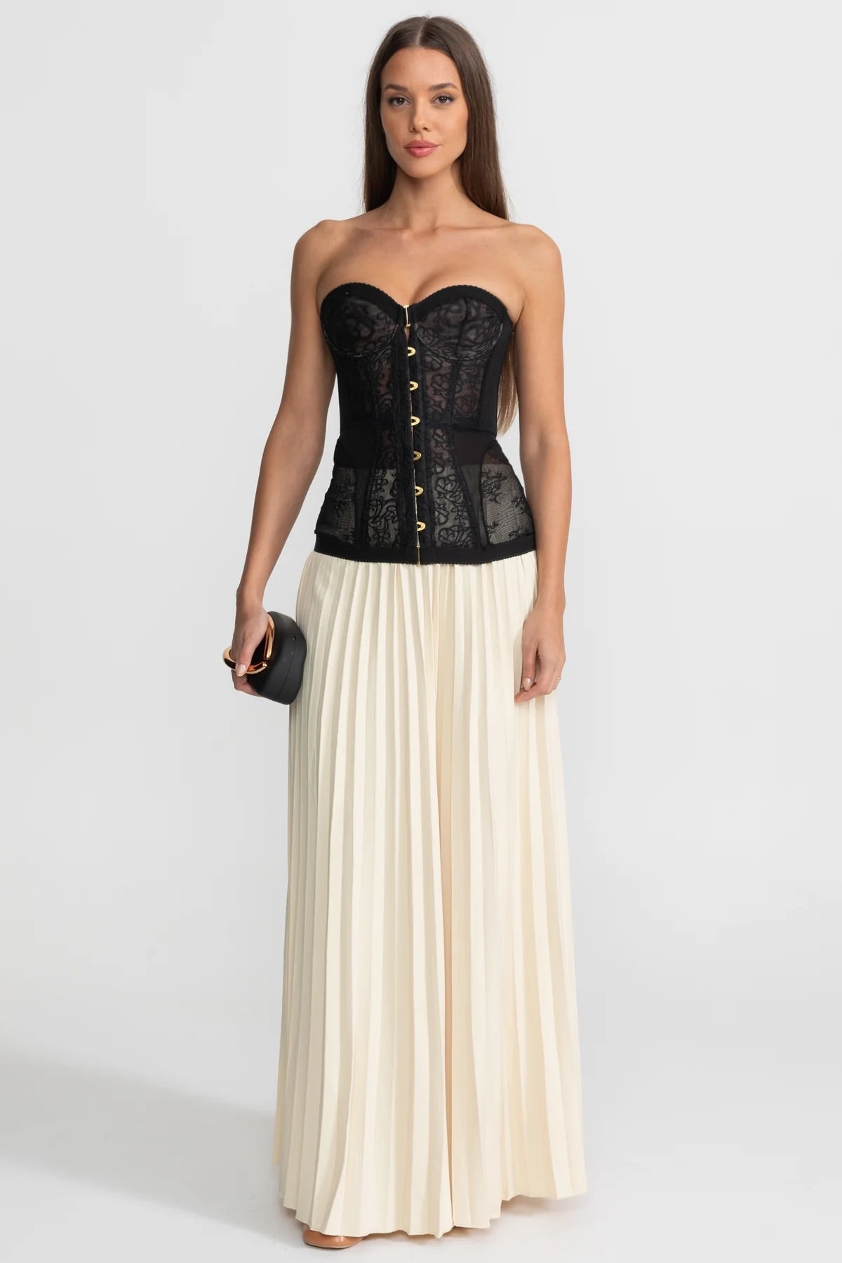 Bandeau Kanten Corset Top met Beugels en Voorzijde Sluiting – Zwart