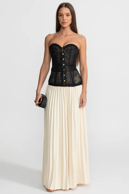 Bandeau Kanten Corset Top met Beugels en Voorzijde Sluiting – Zwart