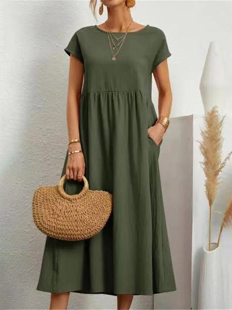 VELANORA Elegante zwarte linnen jurk met o-hals