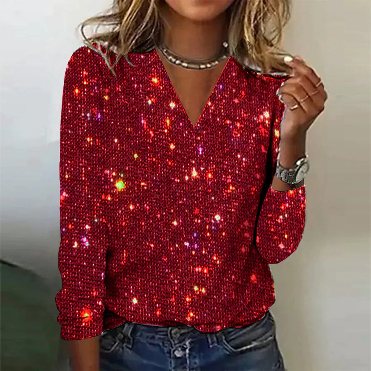 Vrouwelijke Trui V-Hals Glitter Effect