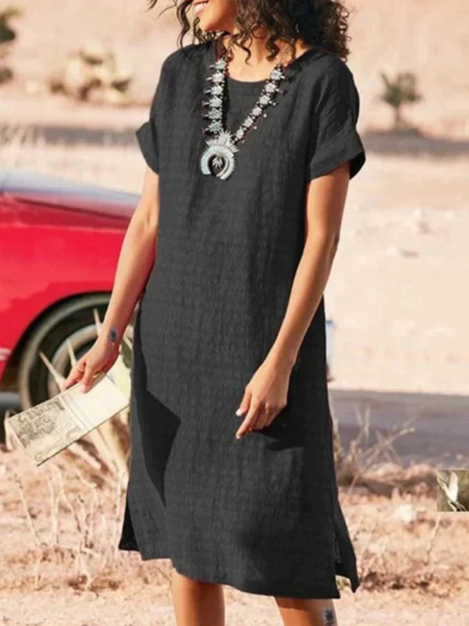Zomerjurk Midi Rond Hals Korte Mouwen Vrouwenjurk - Mode Vibes