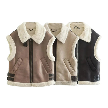 Dames Teddy Bodywarmer Zacht met Aviator Details