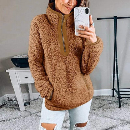 Dames Teddy Fleece Trui met Rits en Hoge Kraag Zwart - Mode Vibes