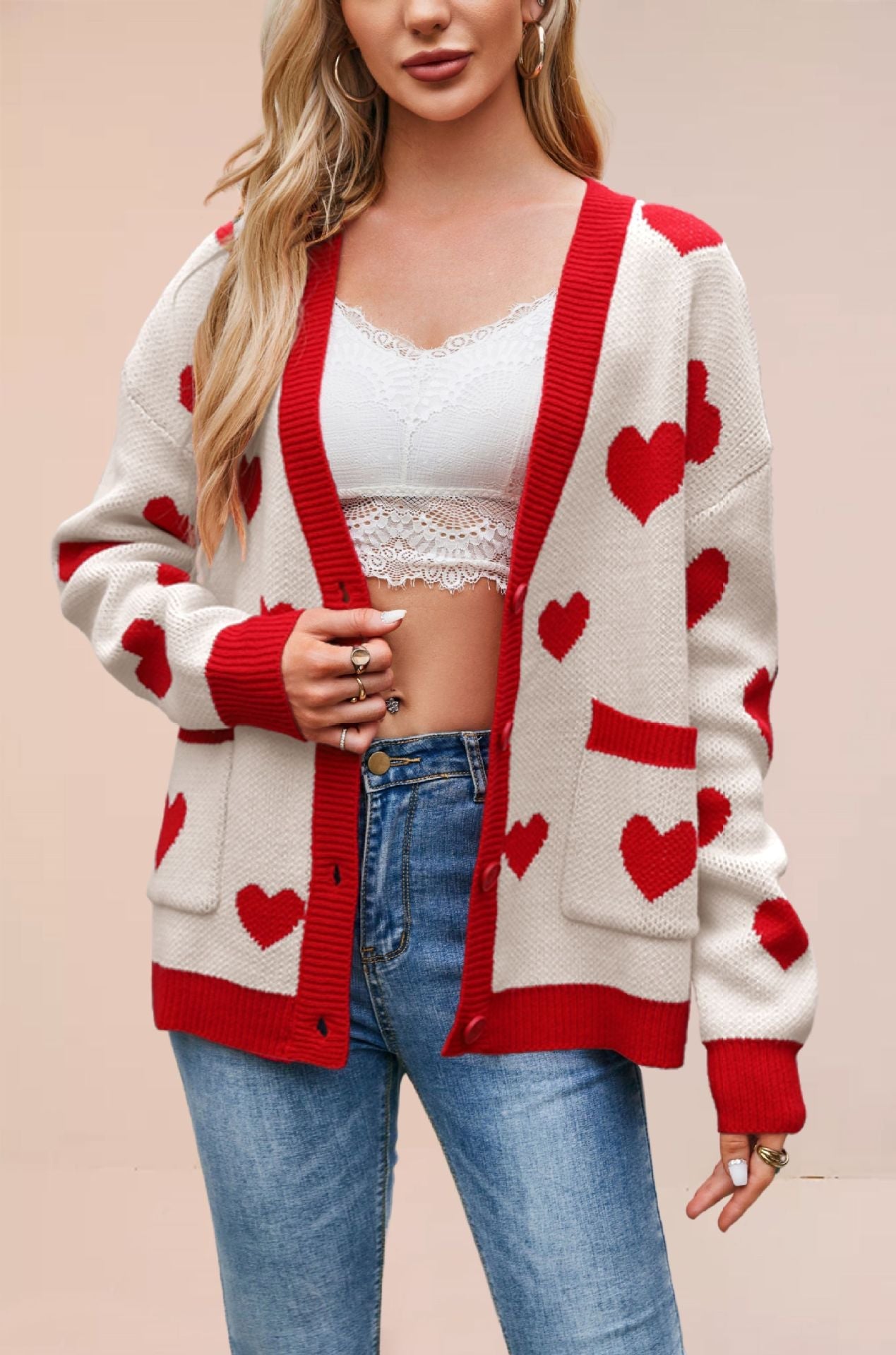 Dames Gebreide Vest met Hartjes en Contrasterend Detail