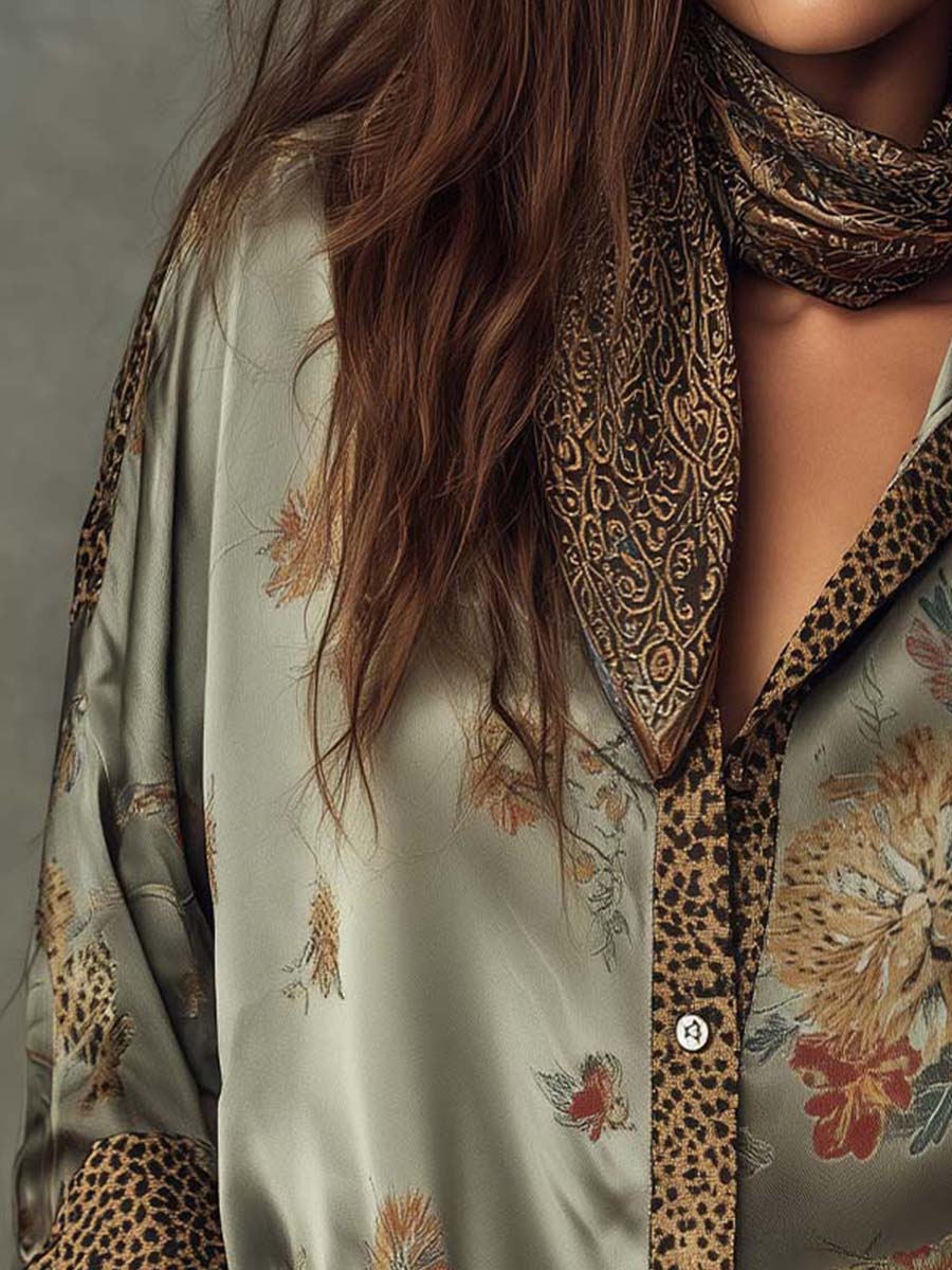 Satijnen Bloemenblouse met Luipaarddetails