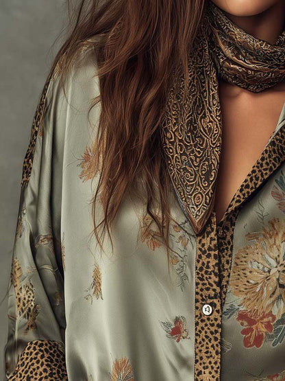 Satijnen Bloemenblouse met Luipaarddetails
