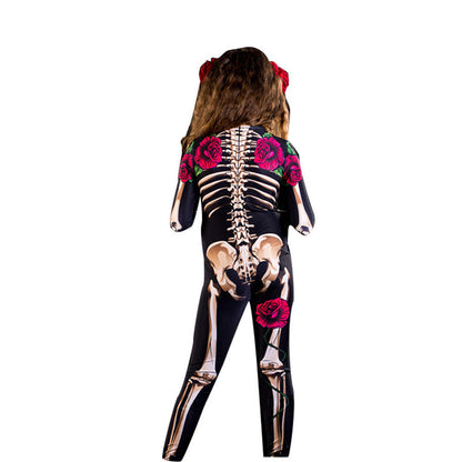 Dames Halloween Catsuit Skelet en Rozen Kostuum