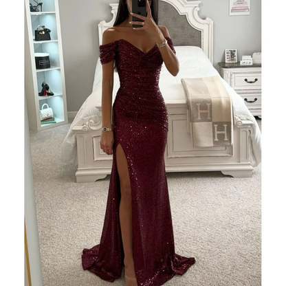 Avondjurk Off-Shoulder Pailletten Jurk met Diepe Split