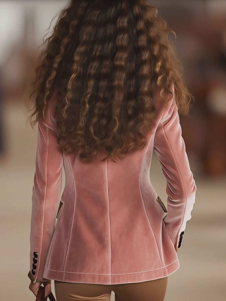 Dames Fluwelen Blazer met Luipaardprint en Eén Knoop – Roze