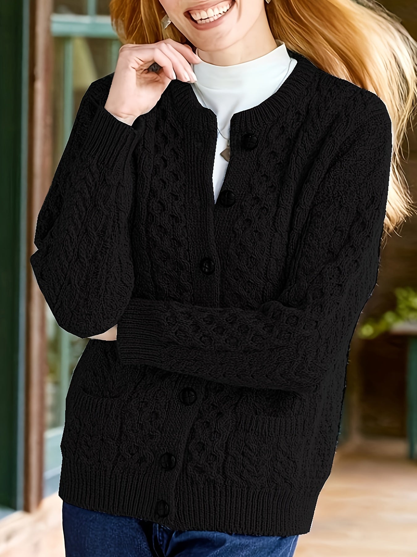 Gebreid Vest met Knoopsluiting en Zakken Zwart