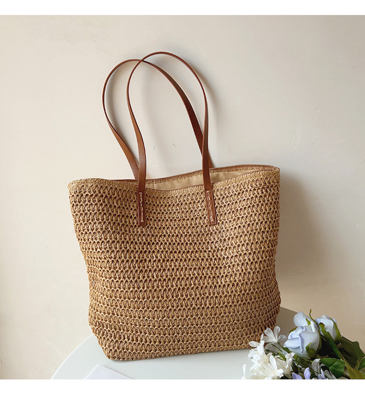 Leren Tote Tas Riet Geweven Zomerse Shopper - Mode Vibes