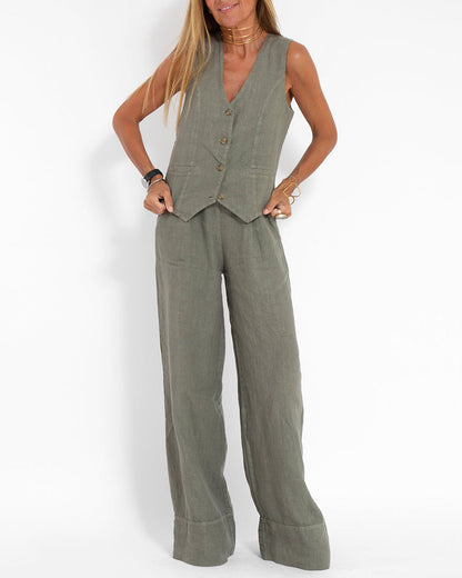 Linnen Set Wijde Broek en Vest voor Vrouw