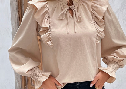 Dames Blouse Beige met Ruches Stijlvol Romantisch