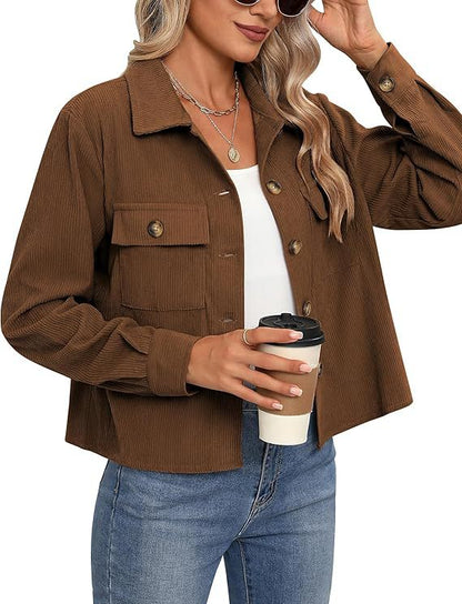 Korte Dames Corduroy Jas Trendy Bruin