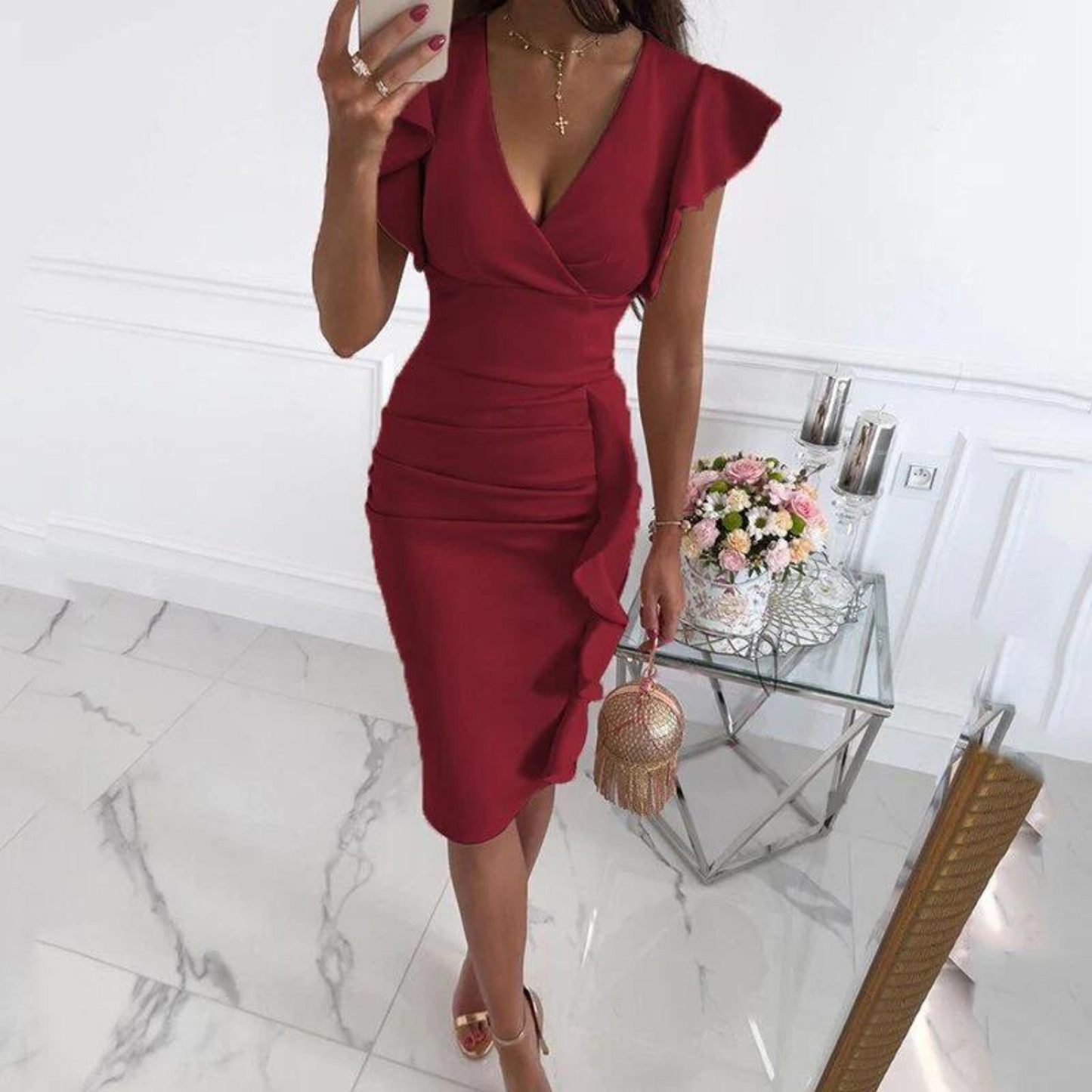 V-Hals Jurk met Plooimouwen en Elegante Stijl