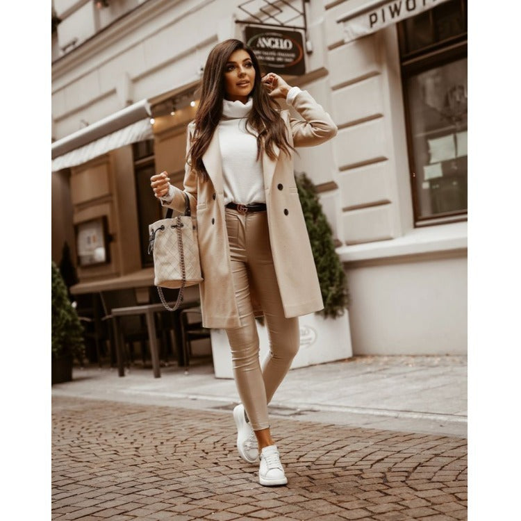 Dames Lange Jas Reverskraag Stijlvol Elegante Wintercoat