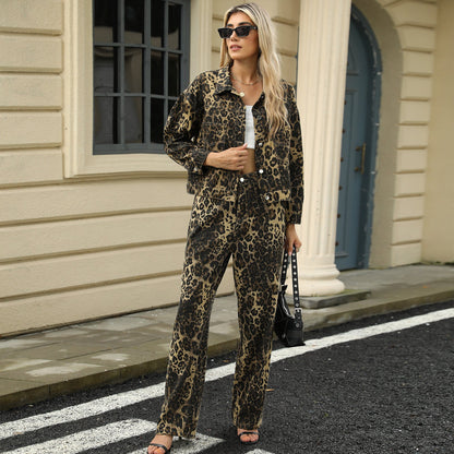 Dames Broek Leopard Print Afgewassen 5-Pocket Stijlvolle Streetstyle