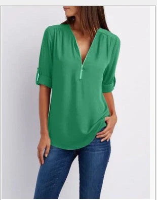 Vrouwelijke Blouse met Halve Rits en Elegante Halslijn