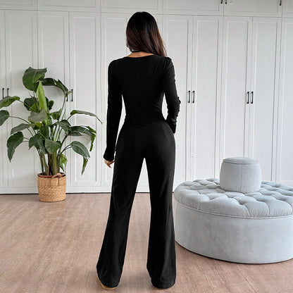 Dames Jumpsuit Slimfit Aansluitend met Strikdetail en Wijde Pijpen