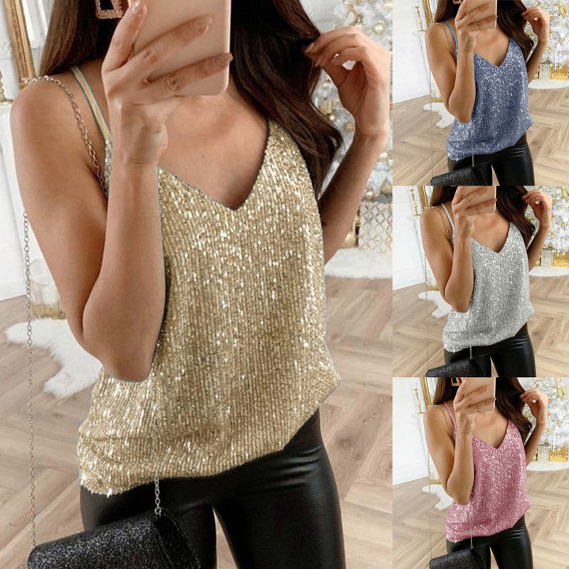 Dames Top met Pailletten en Spaghetti Bandjes Glitter Trendy
