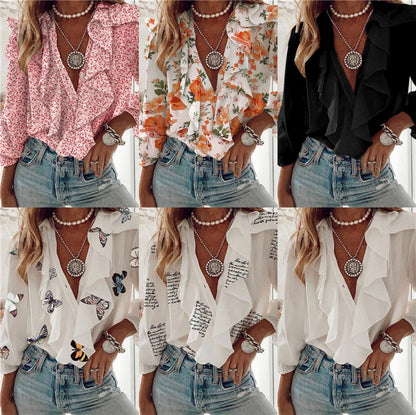 Vrouwelijke Blouse met V-Hals en Ruches Chiffon Stof