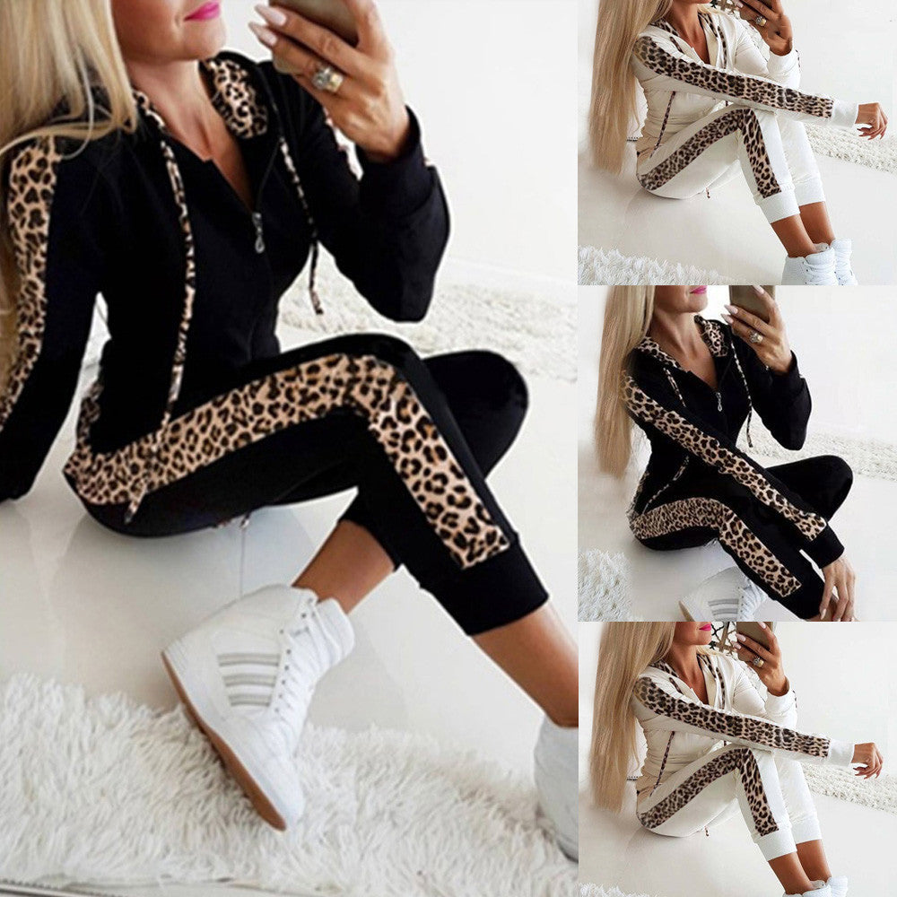 Dames Joggingpak Tweedelig met Capuchon en Luipaard Print