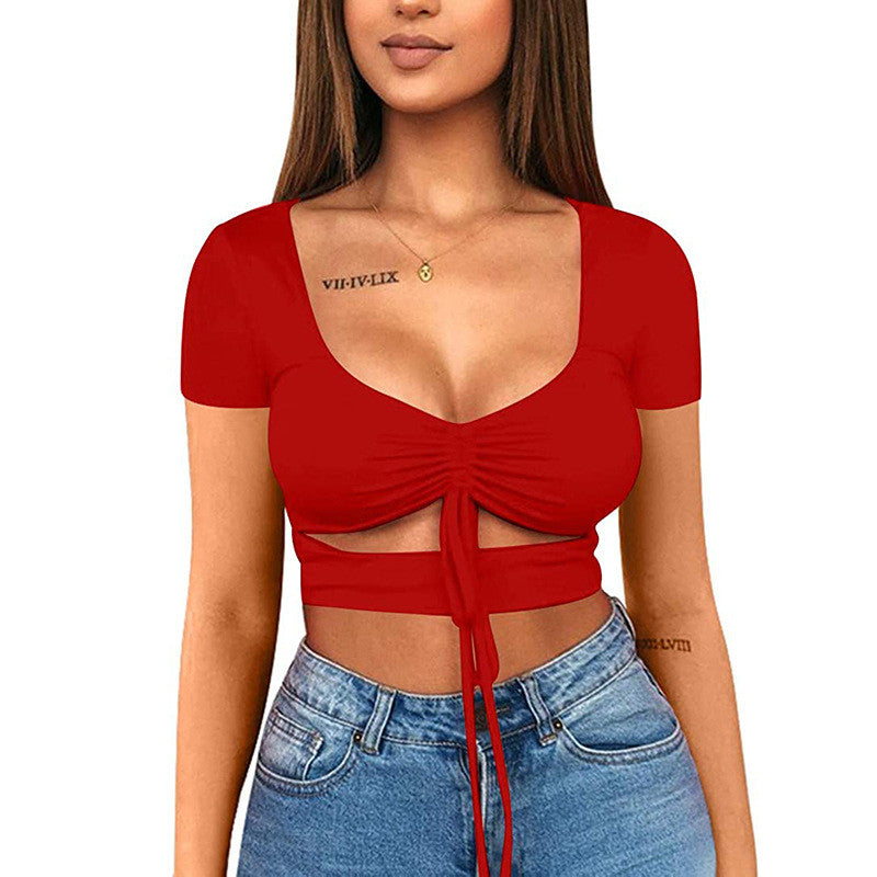 Dames Crop Top Aansluitend met V-hals en Trekkoord
