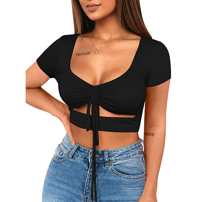 Dames Crop Top Aansluitend met V-hals en Trekkoord - Mode Vibes
