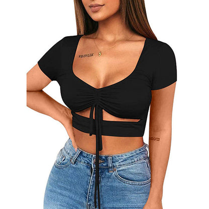 Dames Crop Top Aansluitend met V-hals en Trekkoord - Mode Vibes