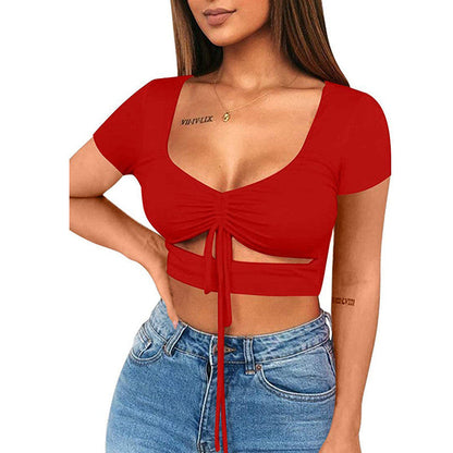 Dames Crop Top Aansluitend met V-hals en Trekkoord