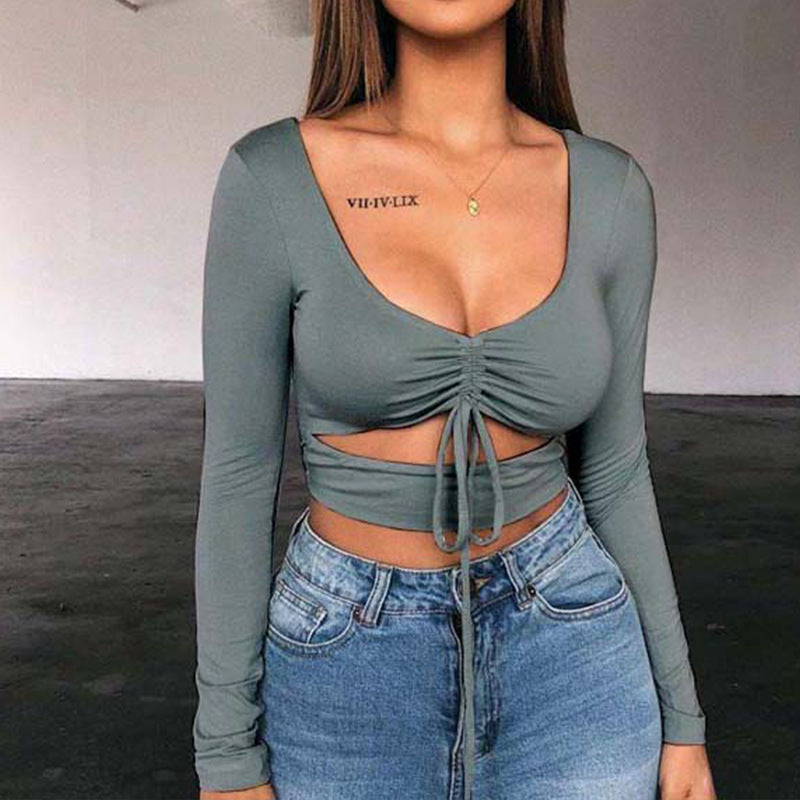 Dames Crop Top Aansluitend met V-hals en Trekkoord