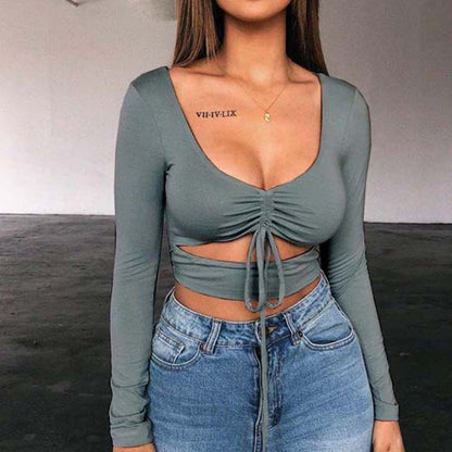 Dames Crop Top Aansluitend met V-hals en Trekkoord