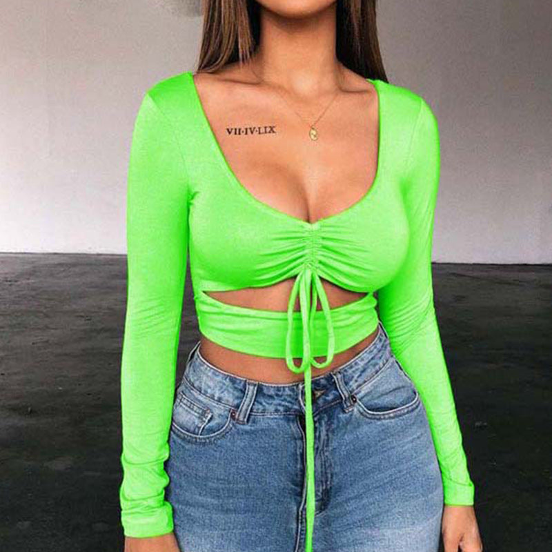 Dames Crop Top Aansluitend met V-hals en Trekkoord