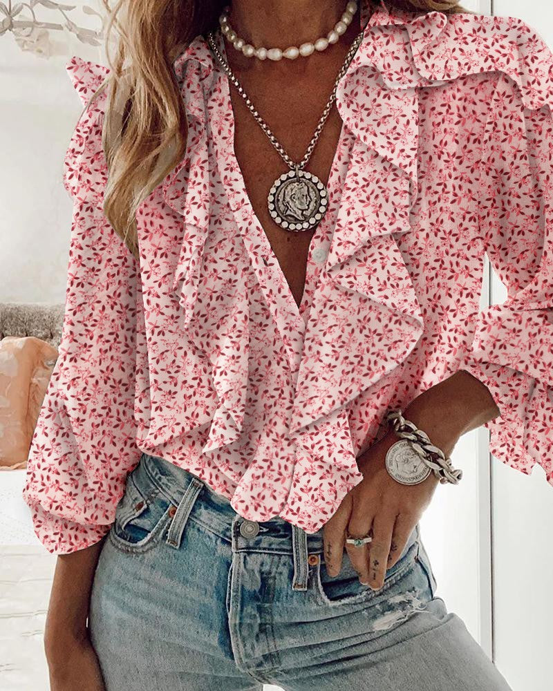 Vrouwen Bloes met Bloemenprint en Ruches Boho Stijl