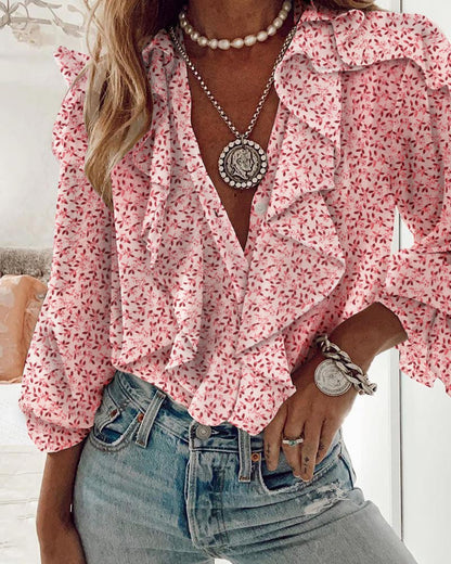 Vrouwen Bloes met Bloemenprint en Ruches Boho Stijl