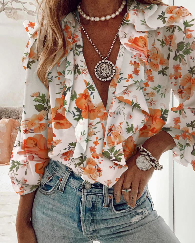 Vrouwen Bloes met Bloemenprint en Ruches Boho Stijl - Mode Vibes