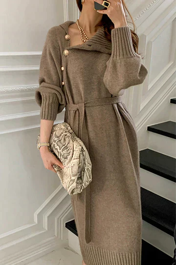Dames Asymmetrische Jurk met Lange Mouwen en Knopen
