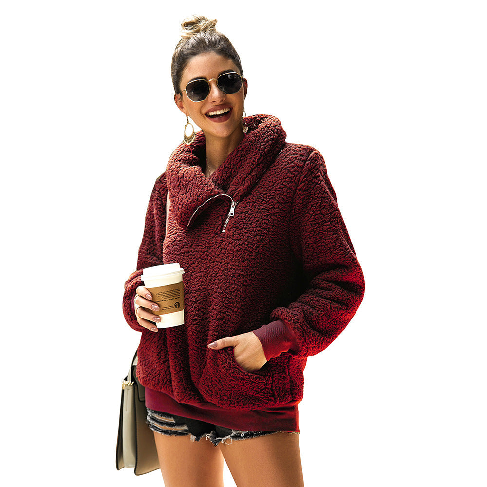 Dames Teddy Trui Warm Elegante met Kraag en Rits