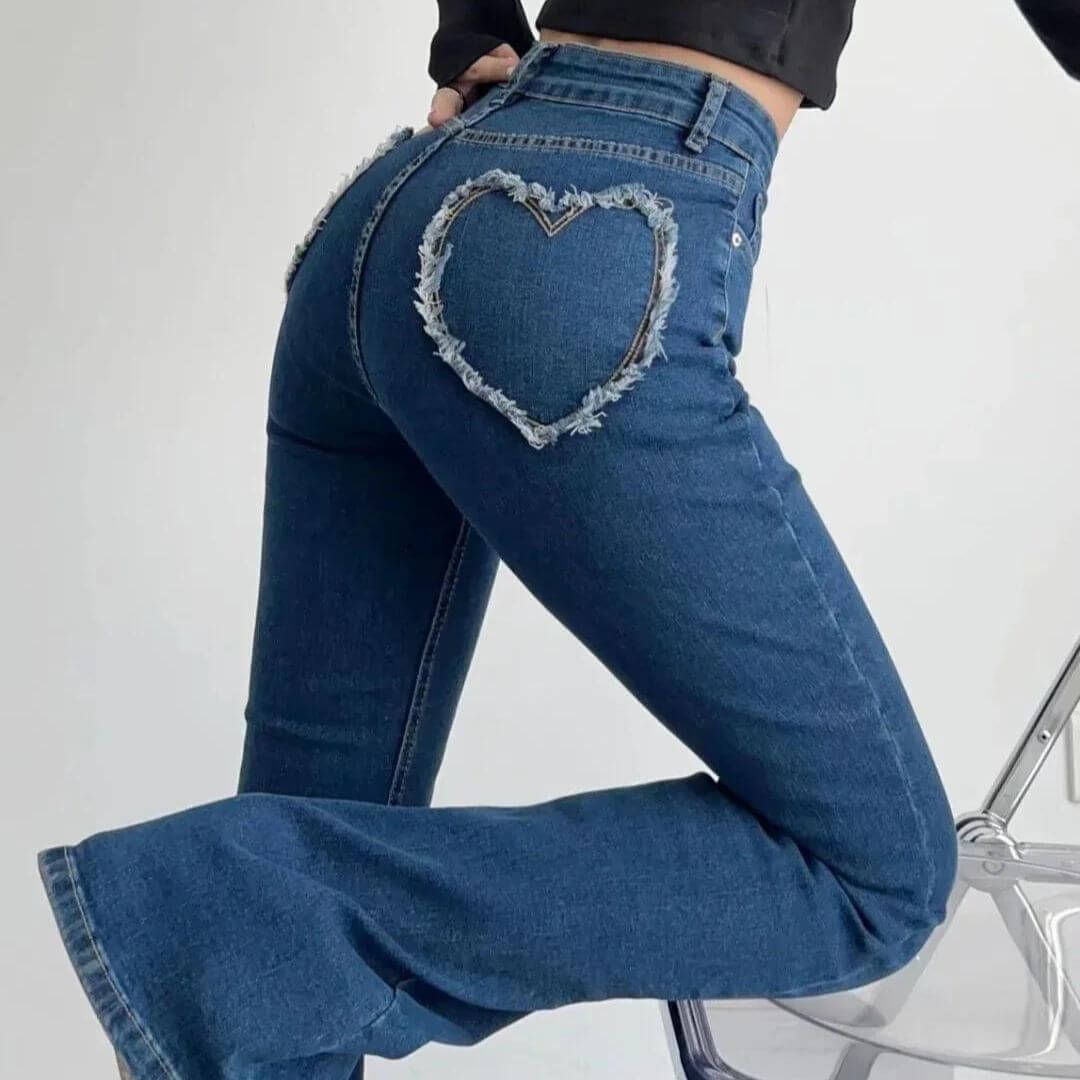 Dames Spijkerbroek met Hoge Taille en Hartvormige Franjes | Flared Pasvorm