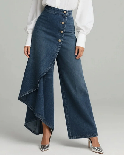 Dames Denim Rok Broek Wide Leg – Asymmetrische Jeans Broek Rok High Waist