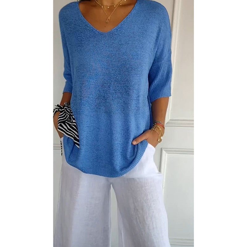 Dames Top Fijngebreide V-hals Driekwart Mouwen Casual Kleding