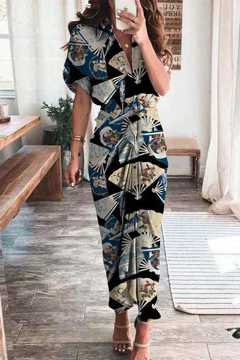 Elegante Bedrukte Jurk met Frenulumgesp en Potloodrok