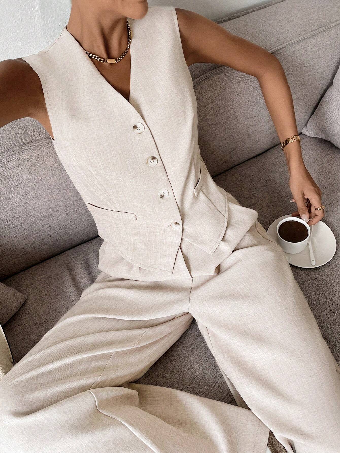 Vest en Wijde Broek Set voor Vrouw Modern en Comfortabel