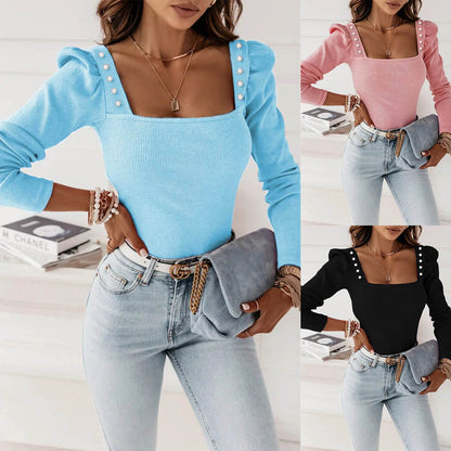 Dames Top met Vierkante Hals en Sierknopen Trendy Kleding