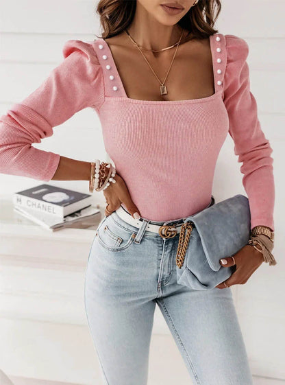 Dames Top met Vierkante Hals en Sierknopen Trendy Kleding