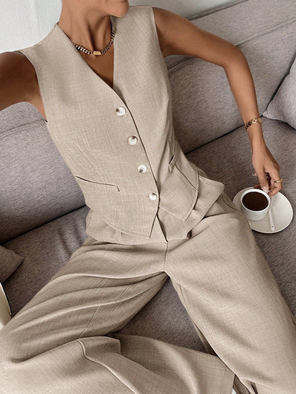 Vest en Wijde Broek Set voor Vrouw Modern en Comfortabel