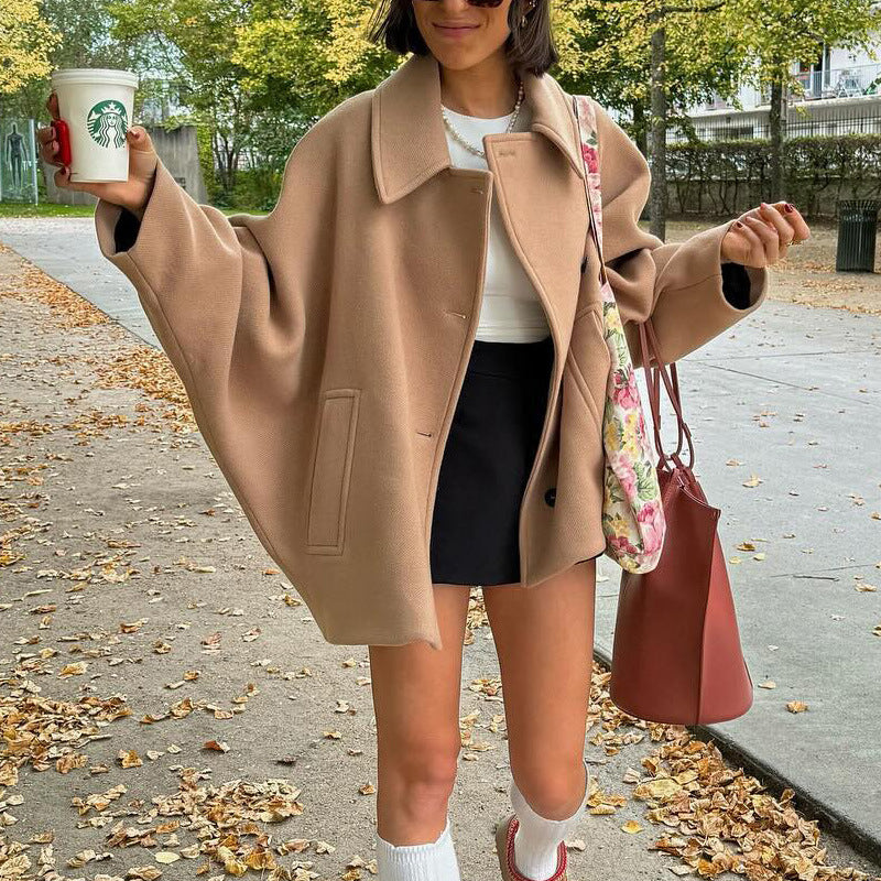Dames Jas Wijd Model Wol Look Kraag Knopen